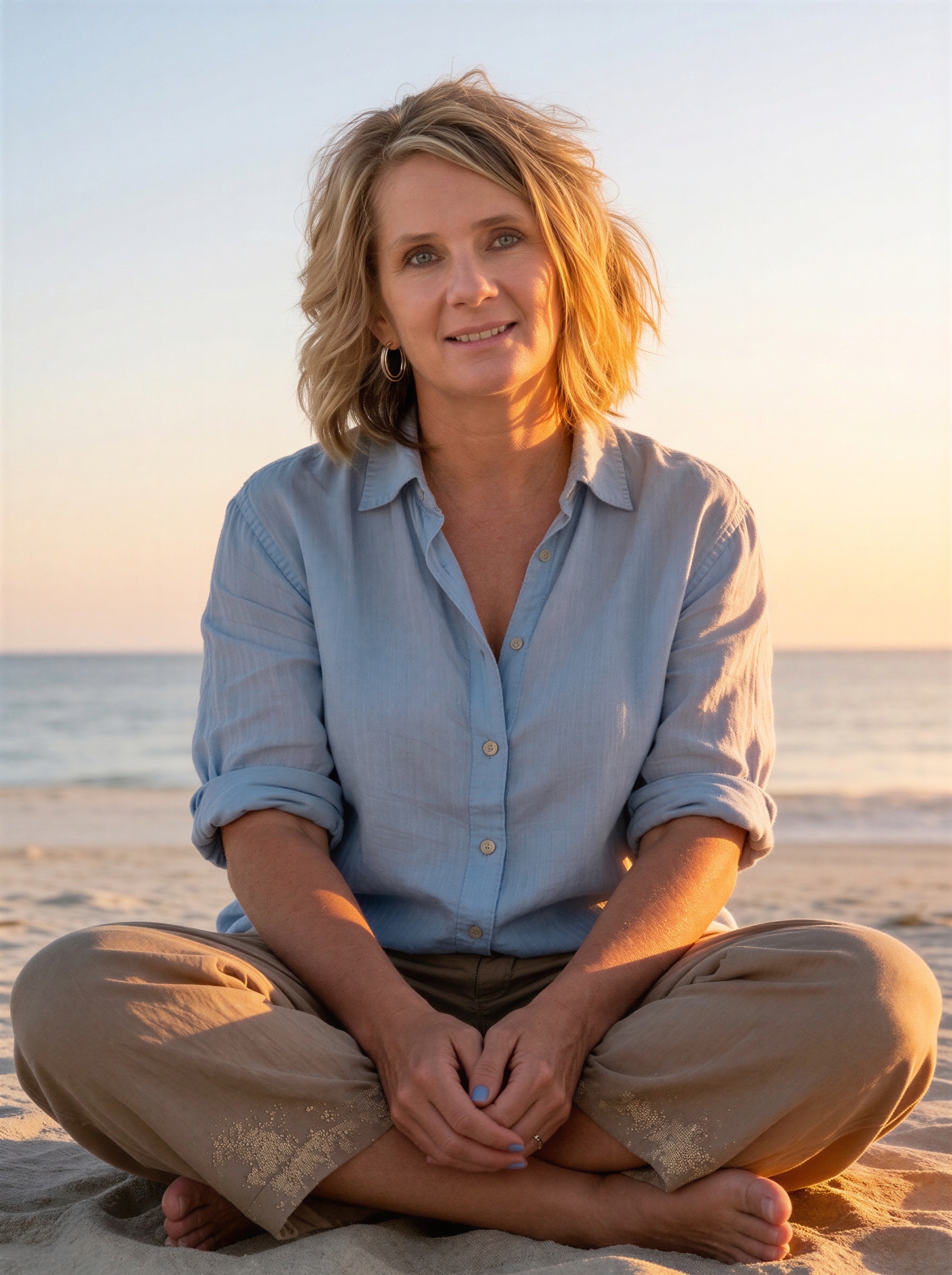 Carol, owner of Designs by Carol, sitting on the beach at sunset